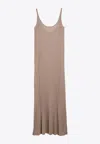 Max Mara Long Beige Ribbed Dress With U Neckline In Lurex Woman In Yellow