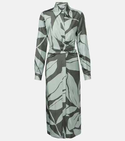 Max Mara Robinia Silk Midi Dress Floral Print In Gray