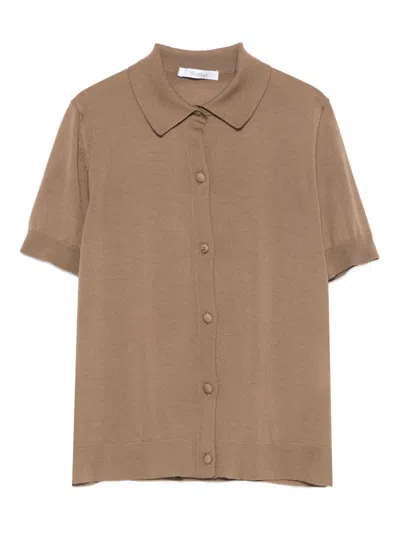 Max Mara Collared Short Sleeve Cardigan Ribbed Cuffs Hem In Brown