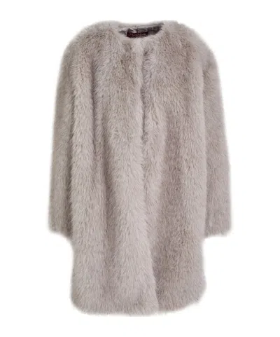 Max Mara Round Neck Faux Fur Coat In Gray