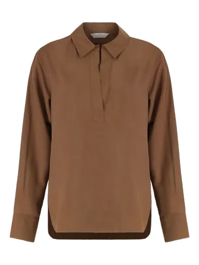 Max Mara Rounded Hem Silk Fabric Shirt In Brown