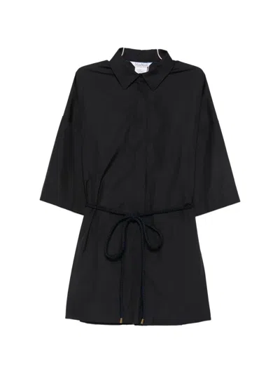 Max Mara Rounded Side Slit Cotton Shirt Dress With Adjustable Front Drawstring In Black