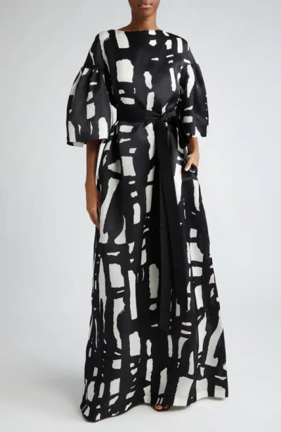 Max Mara Rubiera Abstract Print Belted Silk Satin Gown In Black White