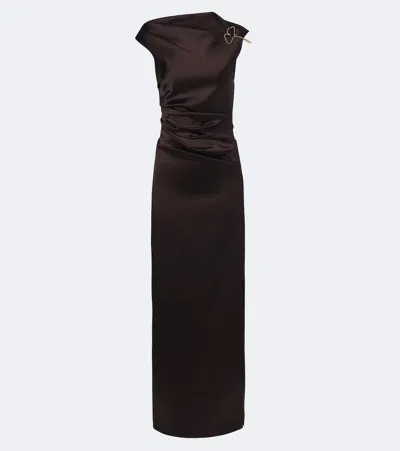 Max Mara Ruched Embellished Satin Gown In Brown