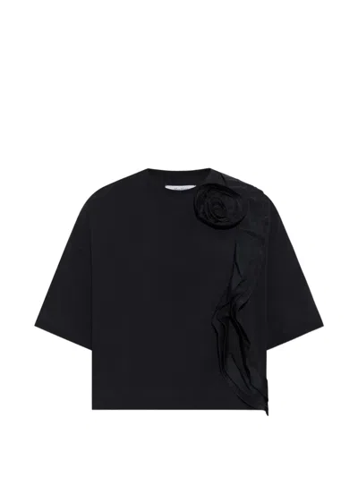 Max Mara Ruffled Floral-appliqué T-shirt In Black