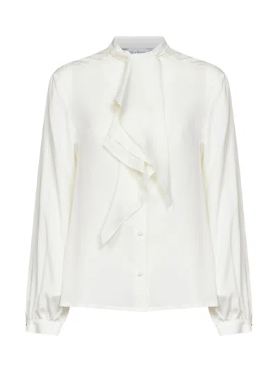 Max Mara Ruffled Neck Tie Shirt In White