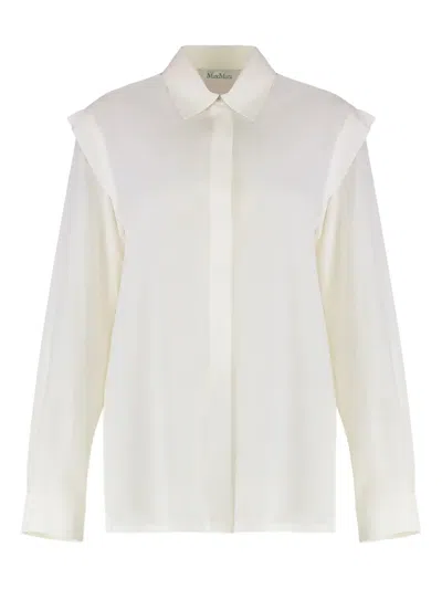 Max Mara Ruffled-shoulder Silk Shirt In White