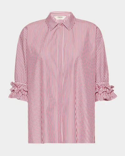 Max Mara Ruffle-trim Striped Cotton Poplin Shirt In Pink