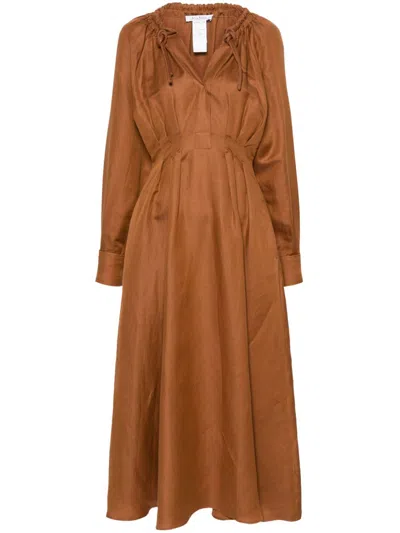 Max Mara Drina Pleated Maxi Dress With Cinched Neckline In Brown