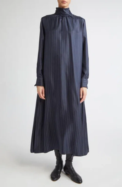 Max Mara Sabbia Pinstripe Long Sleeve Silk Twill Dress In Blue