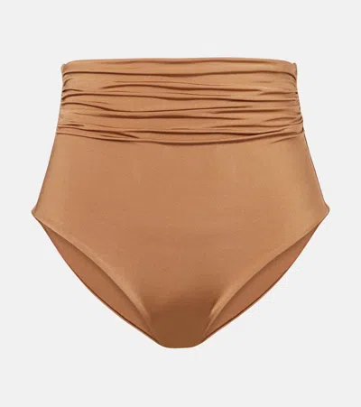 Max Mara Salli Ruched High-rise Bikini Bottoms In Brown