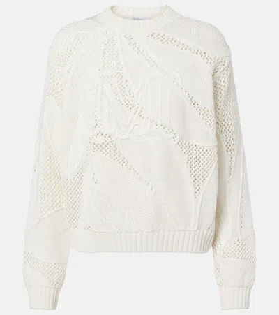 Max Mara Classic Cotton Blend Sweater With Drop Shoulder Detail In White