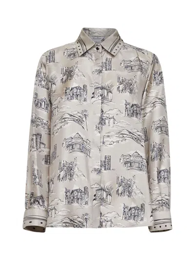 Max Mara Sand Printed Silk Twill Mxmfado Shirt In Gray