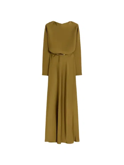 Max Mara Satin Belted Maxi Dress In Green
