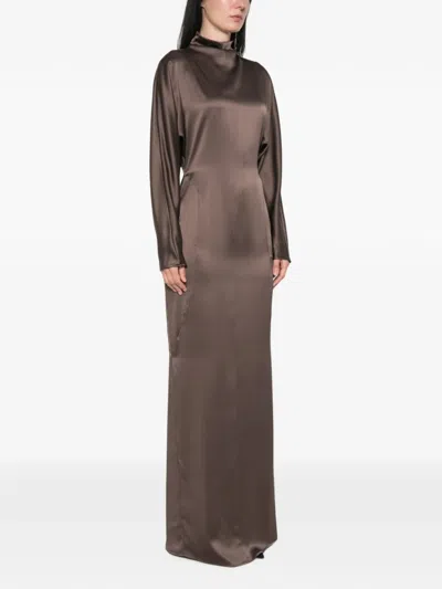 Max Mara Satin High-neck Maxi Dress In Brown