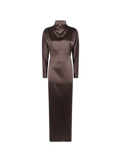 Max Mara Satin-finish Long-sleeve Maxi Dress In Brown