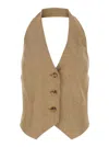 Max Mara 'sauro' Beige Vest With V-neck And Opening On The Back In Linen Woman