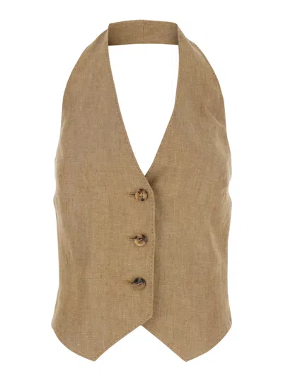 Max Mara 'sauro' Beige Vest With V-neck And Opening On The Back In Linen Woman