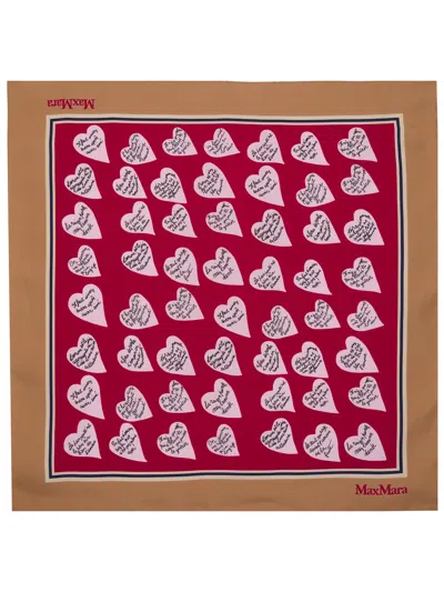 Max Mara Sciarpa Foulard Vallo Con Grafica A Cuori Rosso  In Brown