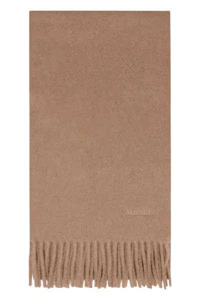 Max Mara Scilli Wool Scarf With Embroidered Logo And Fringed Hem, 25 X 208 Cm In Camel