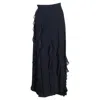 Max Mara Serafin Frilled Long Skirt In Navy Blue Silk In Blue