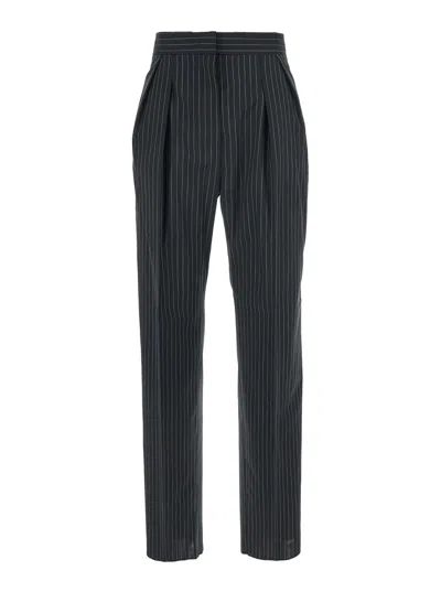 MAX MARA MAX MARA WOMEN 'SESAMO' BLACK PANTS WITH FRONT CONCEALED CLOSURE AND ALL-OVER STRIPED MOTIF IN WOOL 