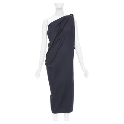 Pre-owned Max Mara Sfilata Black Asymmetric Draped Cotton Leather Trim Midi Dress It36 Xxs