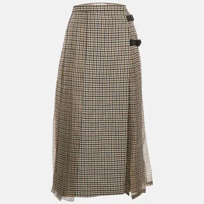 Pre-owned Max Mara Sfilata Brown Houndstooth Wool And Silk Leather Trim Midi Skirt M