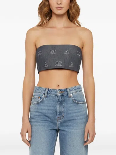 Pre-owned Max Mara Sfilata Monogram-pattern Denim Bandeau Top In Blue