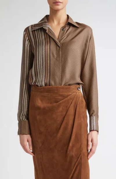 Max Mara Shaker Stripe Silk Top In Brown
