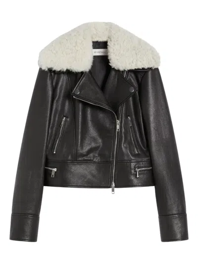 Max Mara Shearling Collar Zip Jacket In Black