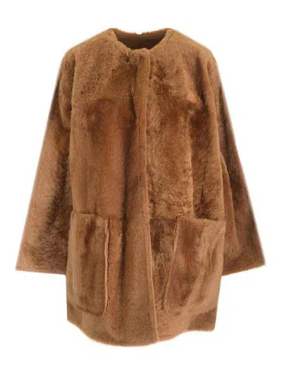 Max Mara Shearling Reversible Coat In Brown