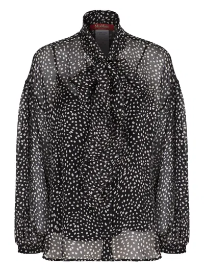Max Mara Etere Silk Blouse High Neck Ruffles In Black