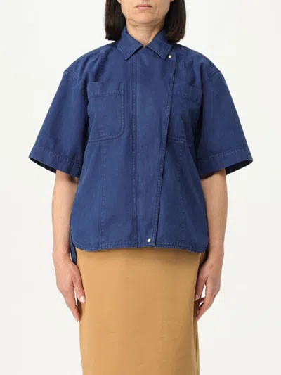 Max Mara Gabriel Short-sleeve Zip-front Denim Collared Shirt In Blue