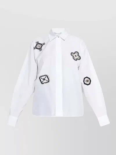 Max Mara Shirt Pointed Collar Long Sleeves Applique Embroidery In White