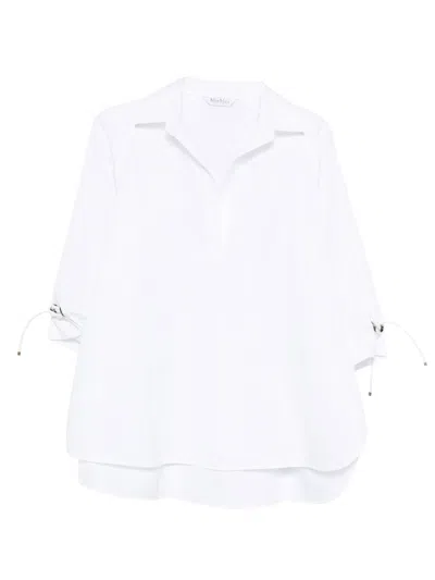 Max Mara Wide-leg Open Polo Collar Raglan Cotton Shirt With Side Slits In White