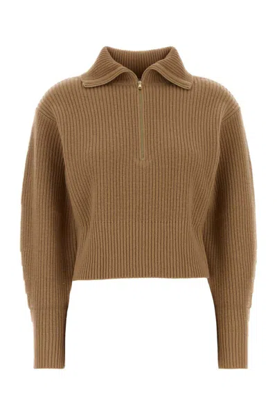 Max Mara Cashmere Wool Ribbed Half Zip Sweater In Brown
