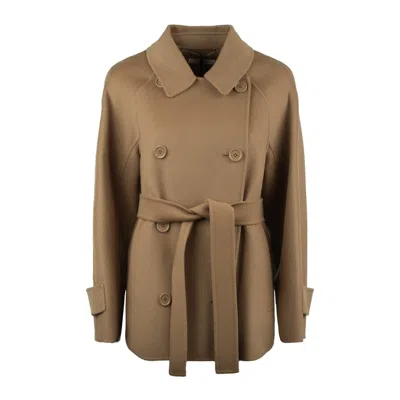 Max Mara Short Camel Trench Coat In Double Wool In Brown