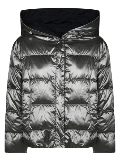 Max Mara Short Quilted Puffer Jacket With Hood In Silver