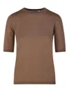 Max Mara Short-sleeve Virgin Wool Sweater With Classic Round Neckline In Brown