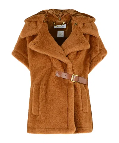 Max Mara Lanos 04 Alpava And Cashmere Cape With Belt In Beige