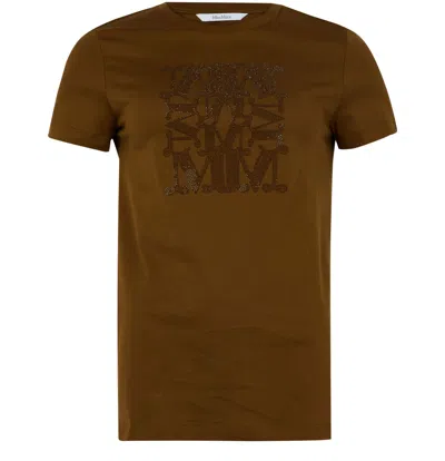 Max Mara Taverna Cotton T Shirt With Frontal Embroidery In Brown