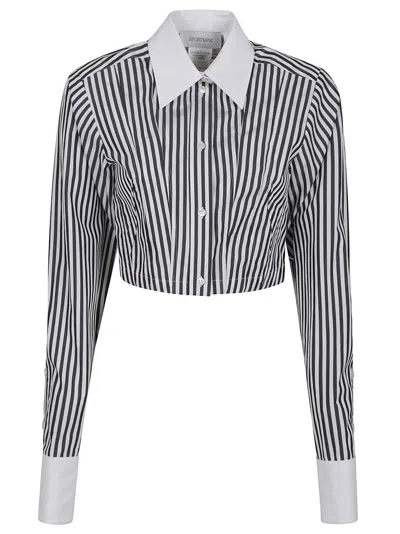 Max Mara Short Striped Shirt With Classic White Spread Collar In Black