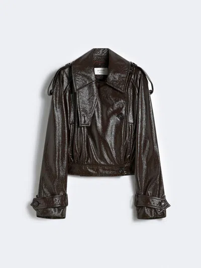 Max Mara Short Trench Coat With Patent Leather Effect In Brown