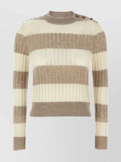 Max Mara Shoulder Button Crew Neck Striped Sweater In White