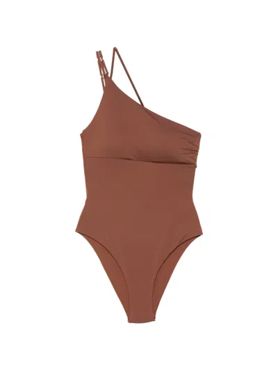Max Mara Shoulder Strap Asymmetric Swimsuit In Brown