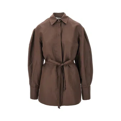 Max Mara Silk And Linen Oversized Shirt With Belt In Brown