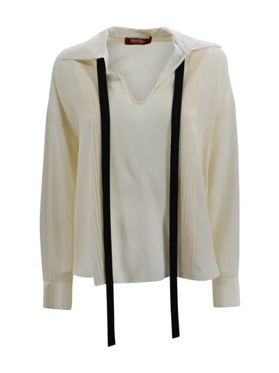 Max Mara Pure Silk Blouse With Contrast Tie Detail In Neutral