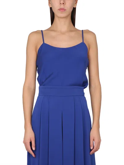 Max Mara Silk Charmeuse Tuxedo Top With Thin Epaulettes In Blue