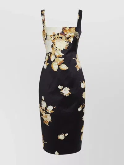 Max Mara Silk Duchesse Floral Midi Dress With Slit In Black